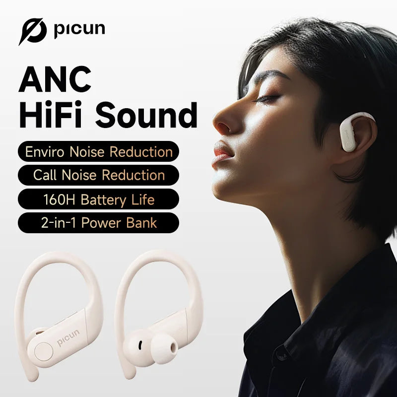 Picun A5 Wireless Earphones ANC Noise-cancelling TWS Earbuds IPX5 Waterproof Sports ENC HD Mic Bluetooth 5.4 Earphone Ear Hook