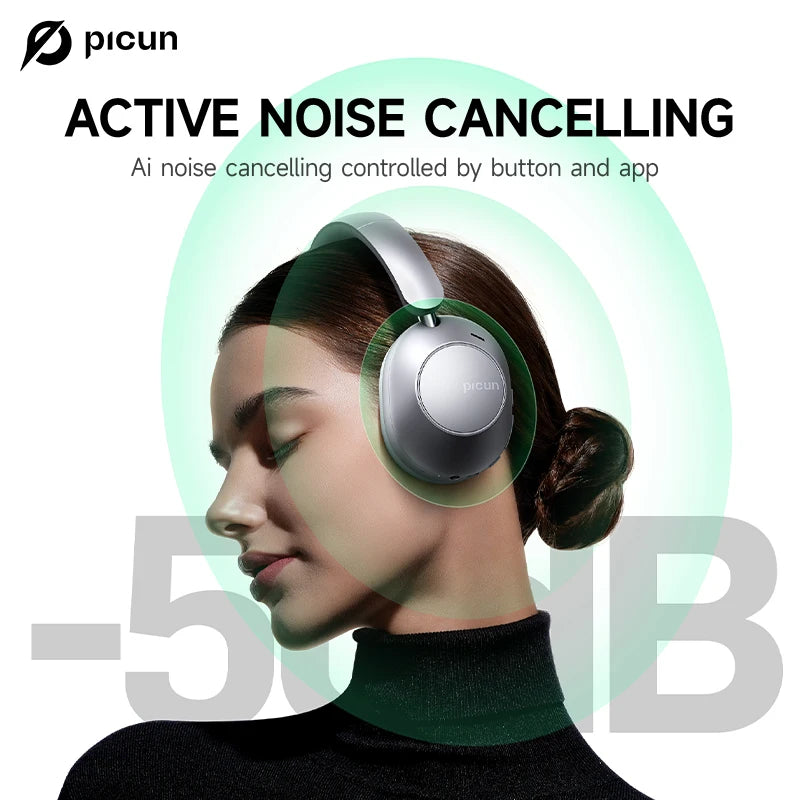 Picun F6 Active Noise Cancelling Bluetooth Headset Hi-Res ANC Head Tracking 3D Audio Wireless Headphones APP Control Low Latency