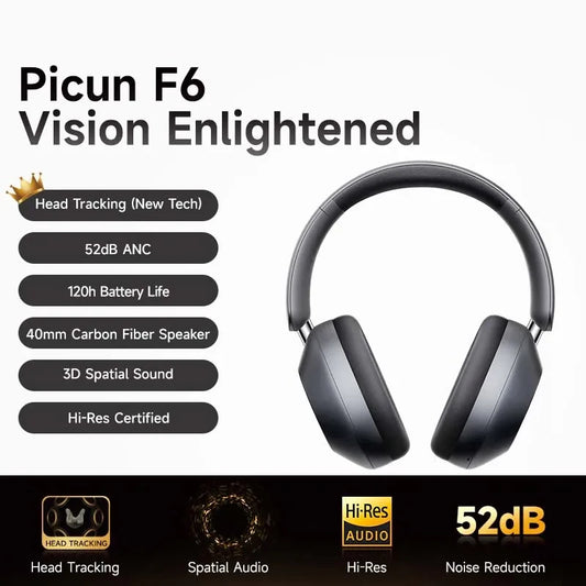 Picun F6 Active Noise Cancelling Wireless Headphones Head Tracking 3D Audio 40mm Hi-Res ANC Bluetooth Headset HIFI APP Control