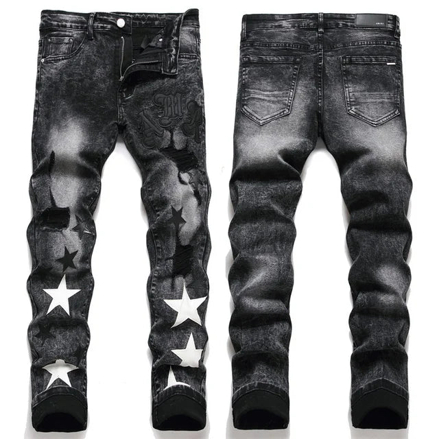 Slim Fit Elastic Black Cotton Embroidered Leather Label With Broken Hole Star Fashion Men's Jeans - FSH-ONLINE