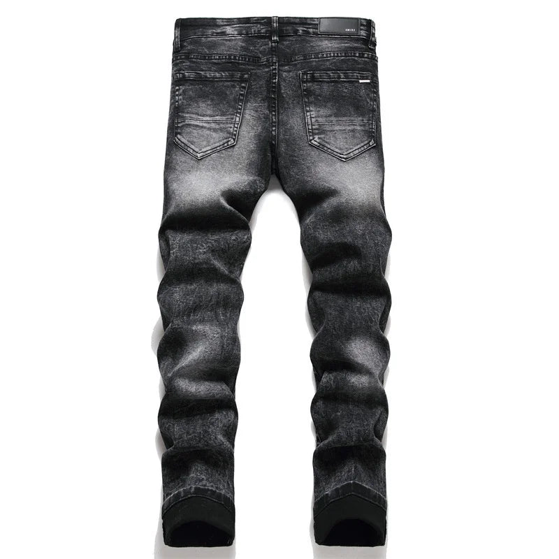 Slim Fit Elastic Black Cotton Embroidered Leather Label With Broken Hole Star Fashion Men's Jeans - FSH-ONLINE