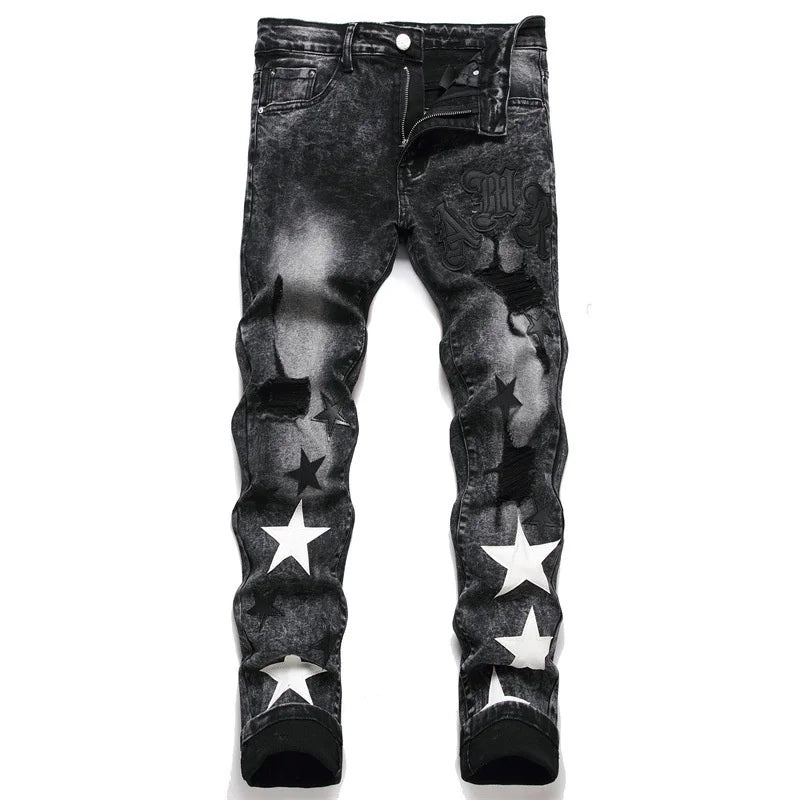 Slim Fit Elastic Black Cotton Embroidered Leather Label With Broken Hole Star Fashion Men's Jeans - FSH-ONLINE