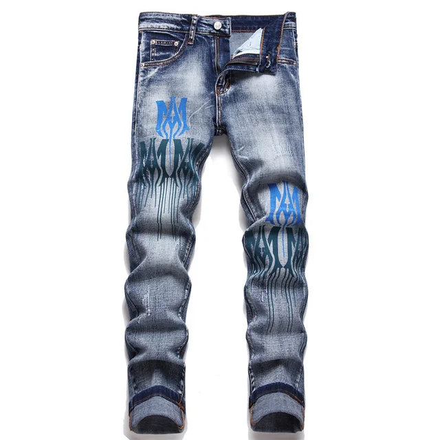 Slim Fit, Elastic, Handmade Full Scan Cotton Stretch Perforated Print, Fashionable Men's Street Denim - FSH-ONLINE