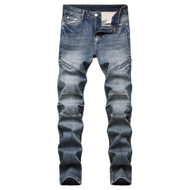 Spring Autumn New Men's Straight Slim Jeans Fashion Personality Nostalgic Blue Zipper Decorated Denim Trousers Man Pants - FSH-ONLINE