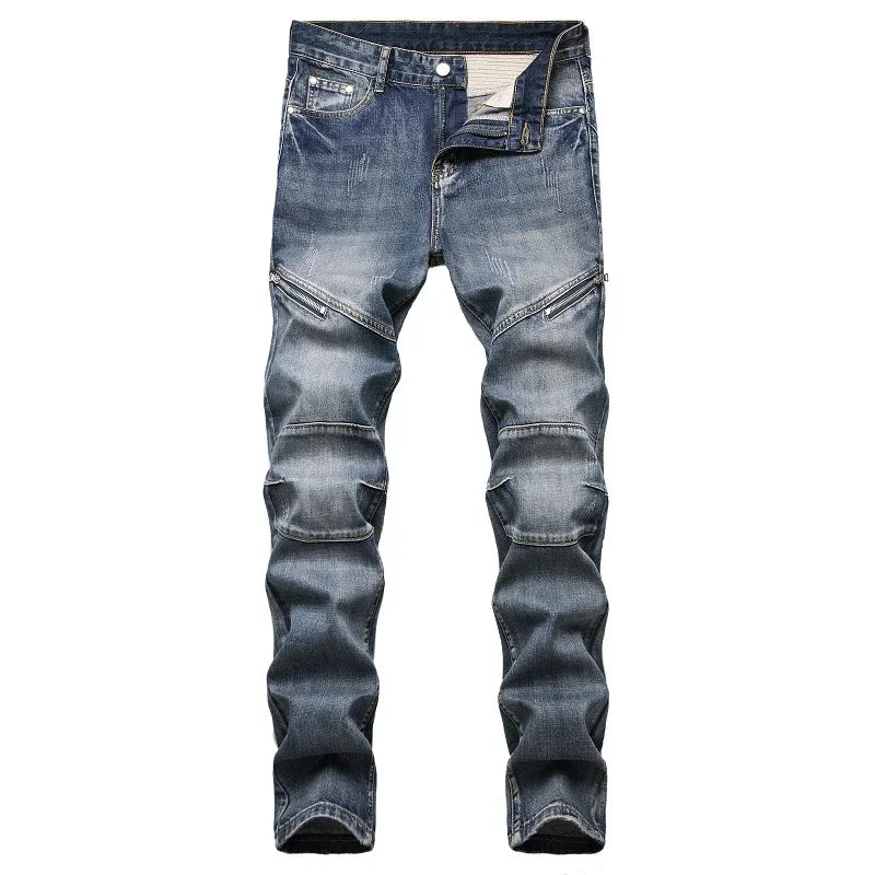 Spring Autumn New Men's Straight Slim Jeans Fashion Personality Nostalgic Blue Zipper Decorated Denim Trousers Man Pants - FSH-ONLINE