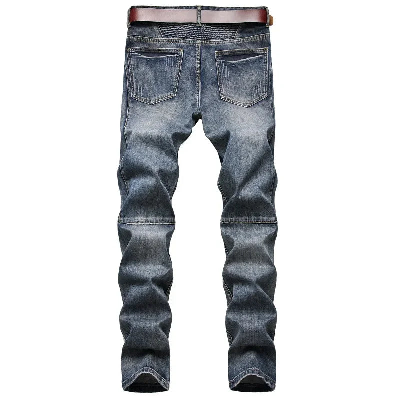 Spring Autumn New Men's Straight Slim Jeans Fashion Personality Nostalgic Blue Zipper Decorated Denim Trousers Man Pants - FSH-ONLINE