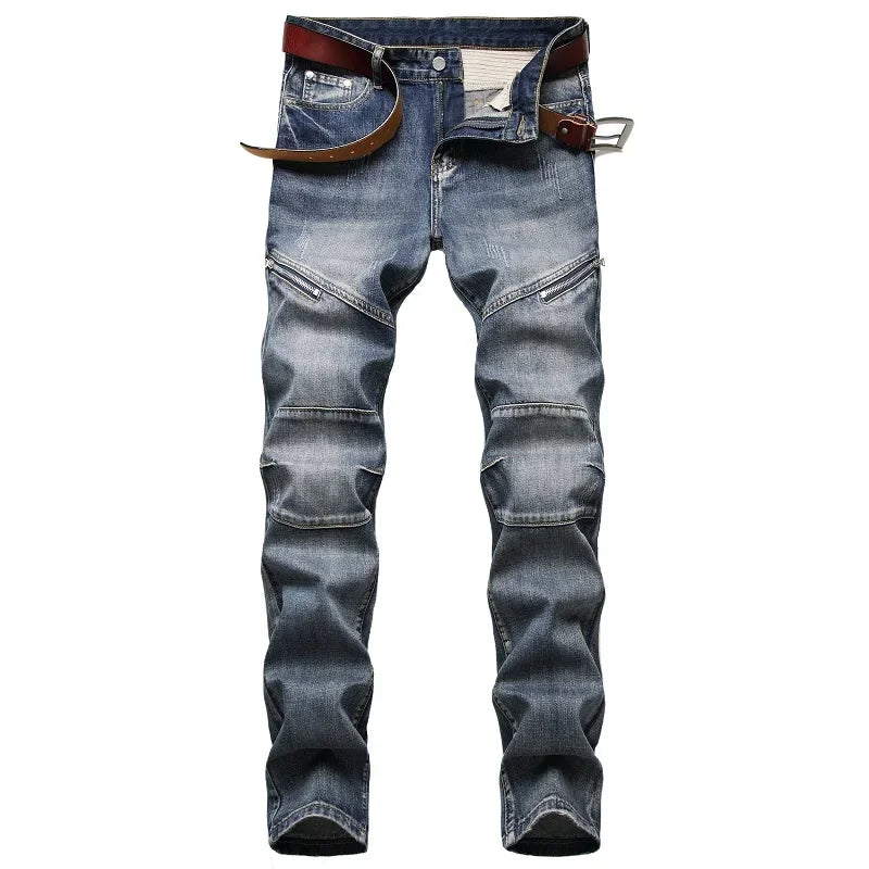 Spring Autumn New Men's Straight Slim Jeans Fashion Personality Nostalgic Blue Zipper Decorated Denim Trousers Man Pants - FSH-ONLINE