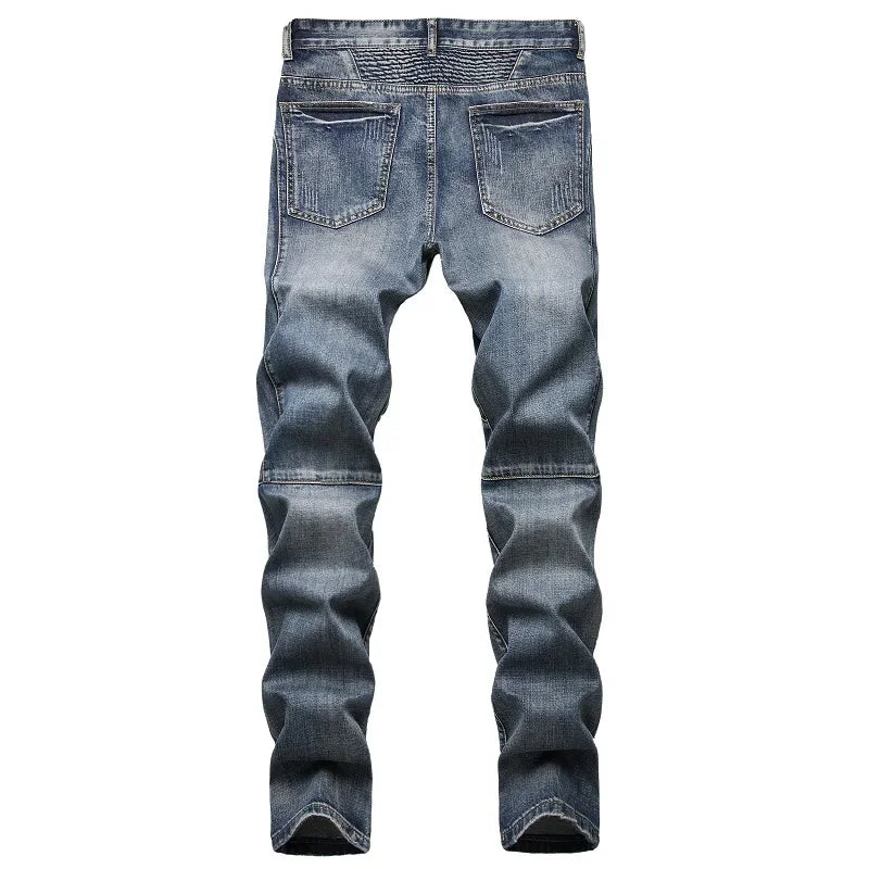 Spring Autumn New Men's Straight Slim Jeans Fashion Personality Nostalgic Blue Zipper Decorated Denim Trousers Man Pants - FSH-ONLINE