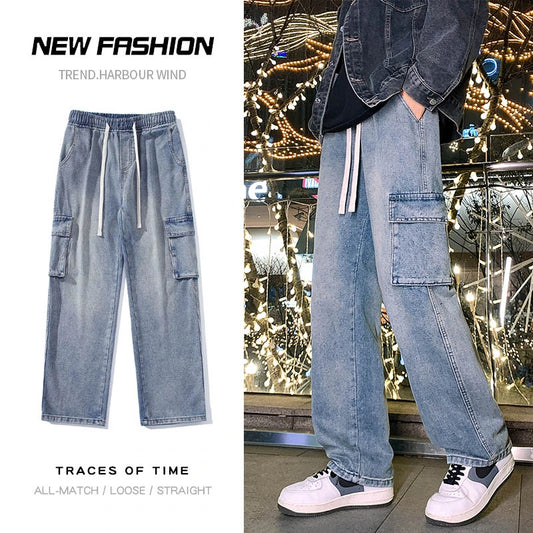 Spring New Man Elastic Waist Cargo Baggy Jeans High Street Pants Straight Y2K Multi-pocket Overalls Fashion Wide Leg Pants - FSH-ONLINE