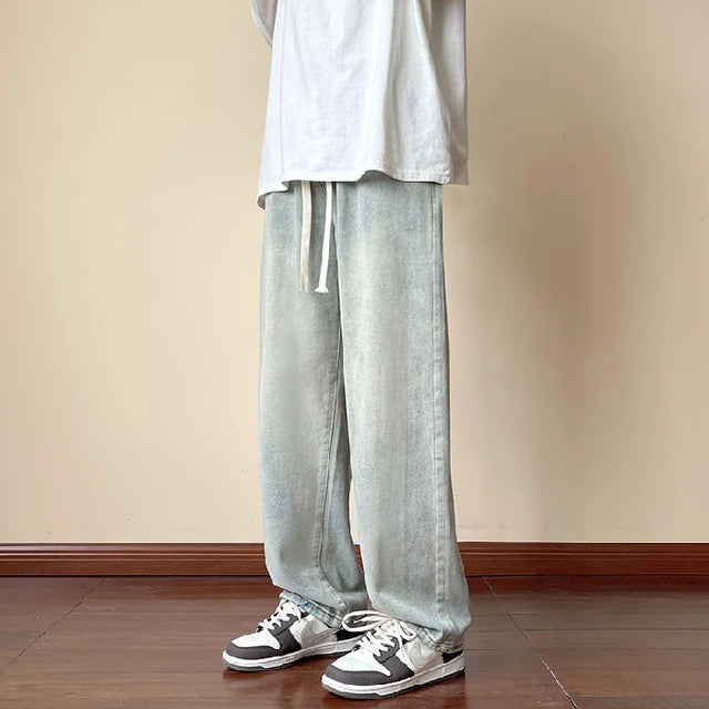 Streetwear Men's Elastic Waist Wide Leg Baggy Jeans Korean Fashion New Autumn Retro Oversize Jeans Male Drawstring Design Pants - FSH-ONLINE