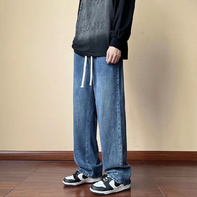 Streetwear Men's Elastic Waist Wide Leg Baggy Jeans Korean Fashion New Autumn Retro Oversize Jeans Male Drawstring Design Pants - FSH-ONLINE