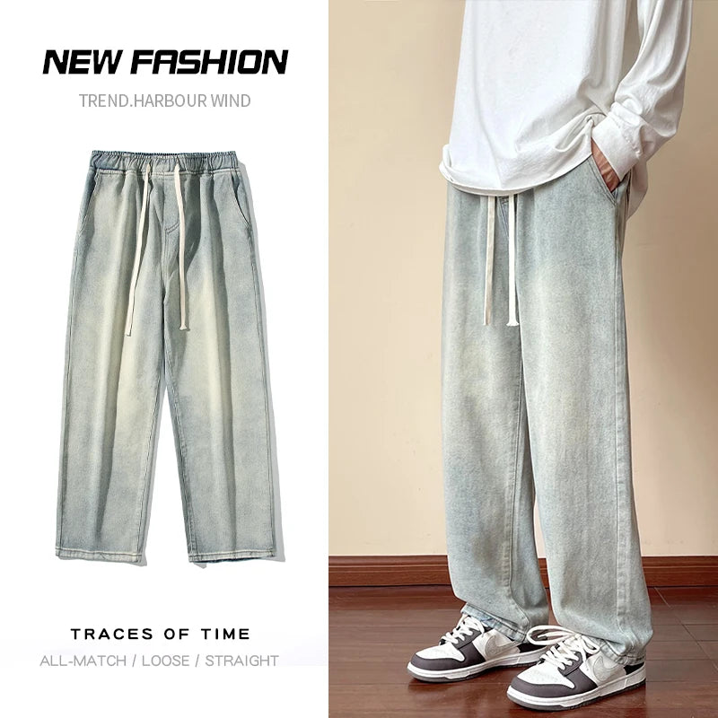 Streetwear Men's Elastic Waist Wide Leg Baggy Jeans Korean Fashion New Autumn Retro Oversize Jeans Male Drawstring Design Pants - FSH-ONLINE