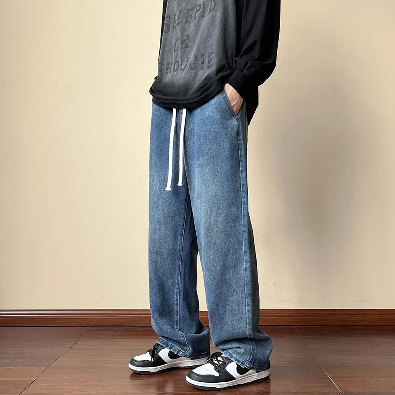 Streetwear Men's Elastic Waist Wide Leg Baggy Jeans Korean Fashion New Autumn Retro Oversize Jeans Male Drawstring Design Pants - FSH-ONLINE