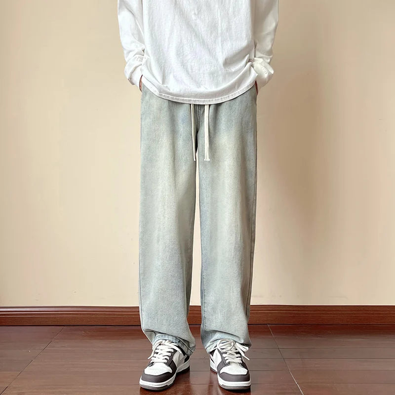 Streetwear Men's Elastic Waist Wide Leg Baggy Jeans Korean Fashion New Autumn Retro Oversize Jeans Male Drawstring Design Pants - FSH-ONLINE