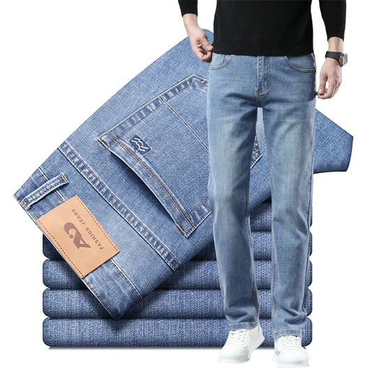 Stretch Straight Jeans Men's Summer Clothes Ultra-thin Soft Business Pants Classic Blue Gray Cotton Denim Trousers - FSH-ONLINE