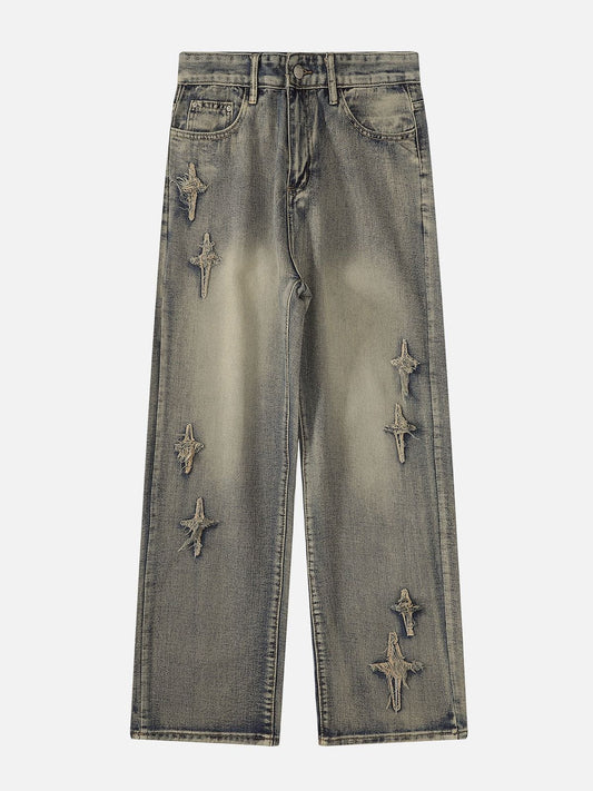 Streetwear Star Embroidered Washed Jeans - FSH-ONLINE